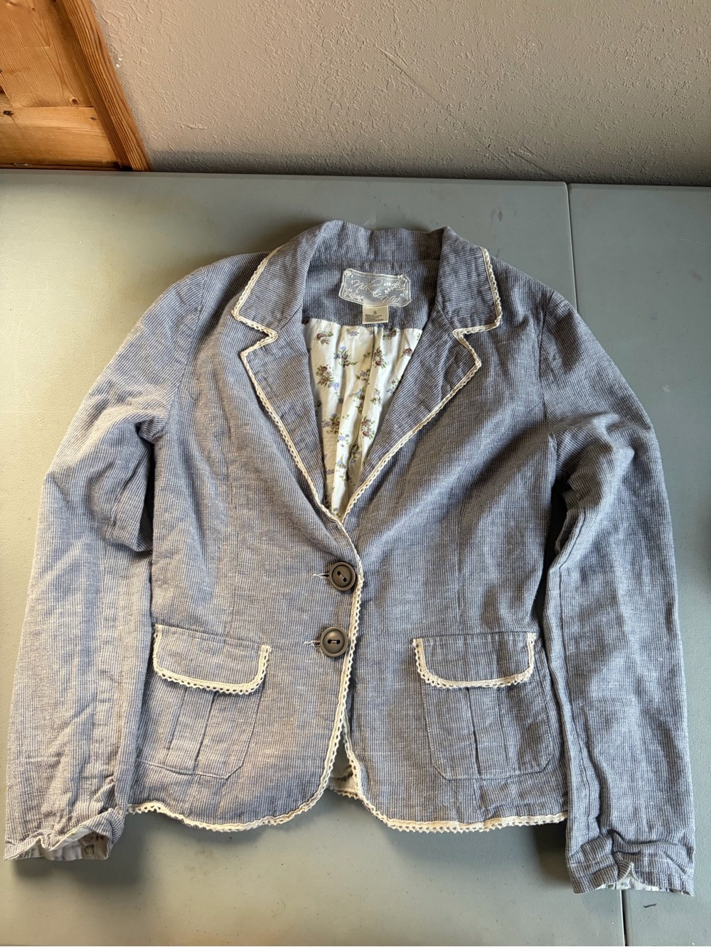 Nick & Mo Linen Blend Striped Lace Trim Cottagecore Blazer Jacket Small